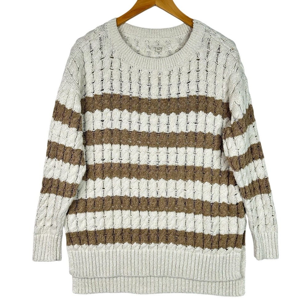Pilcro Anthropologie Cable Knit Sweater Cream Tan‎ Stripe Cotton Blend Women's S